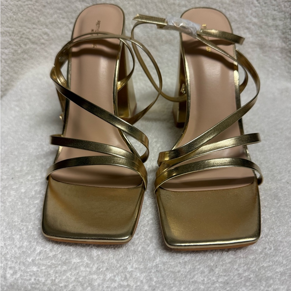 PrettyLittleThing Gold Strappy Heels (Wide Fit)